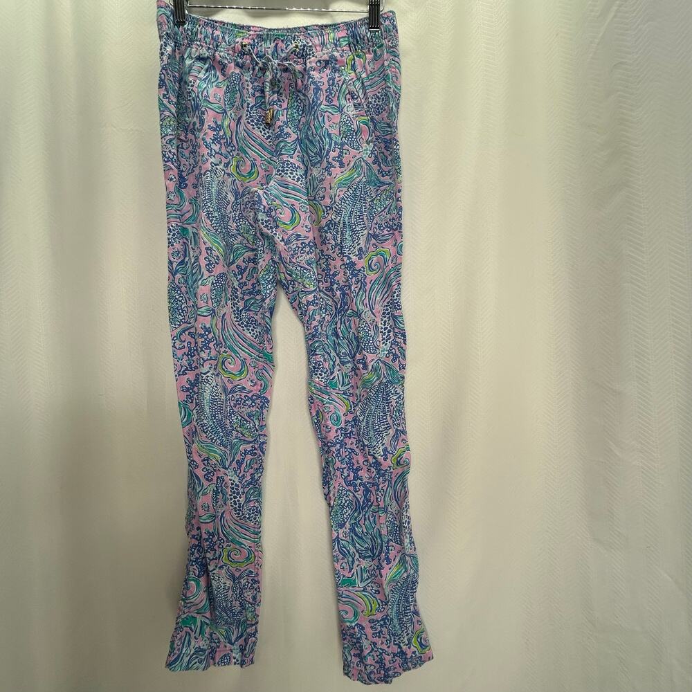 Lily Pulitzer blue ocean print linen pants XS beach resort vacation